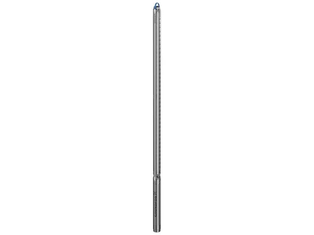Brunnenpumpe von Grundfos, designiert für den Unterwassereinsatz, klare Bauform in Metalloptik mit schmalem, geradem Gehäuse und Ansatz für Anschluss.